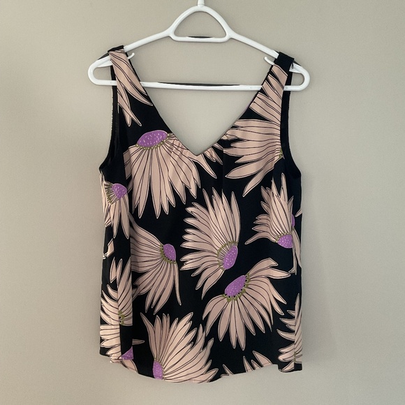 KATE Spade Falling Flower Top Sleeveless Black Cream Purple Floral Women's Med - Picture 1 of 3